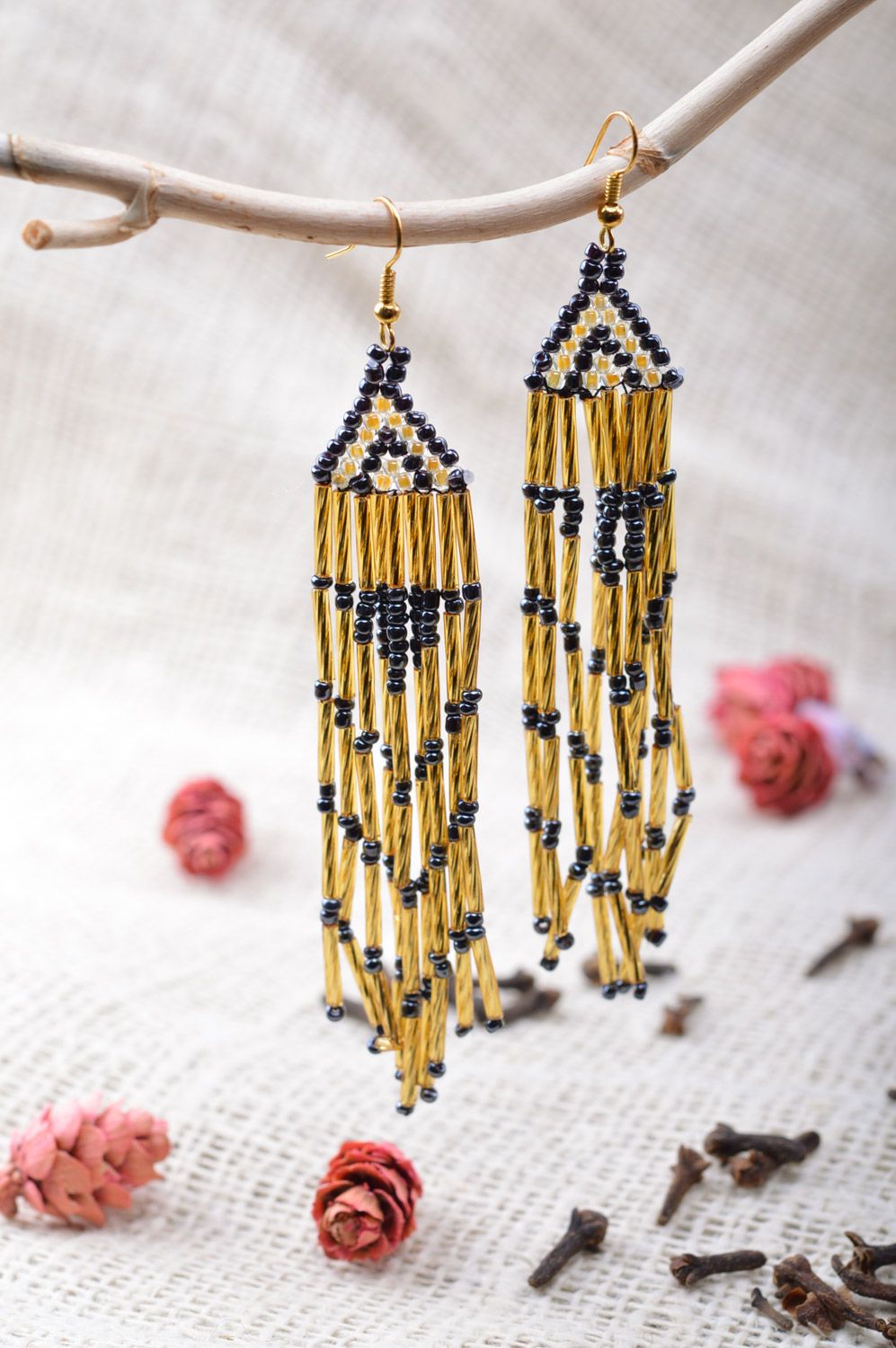 Handmade long dangle beaded earrings with fringe of golden and black colors photo 1