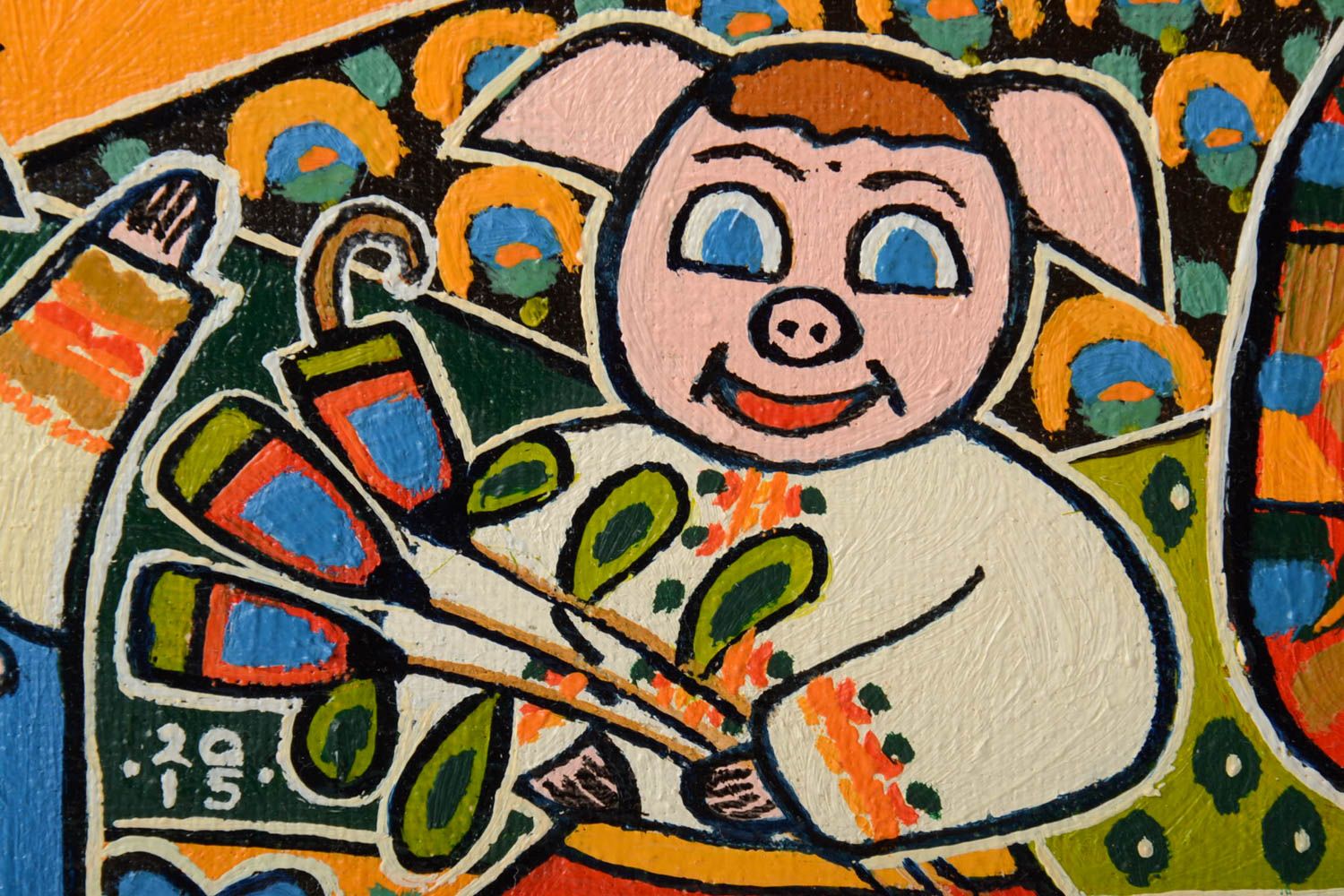 Beautiful handmade oil painting on linen canvas with stretcher Happy Piggies photo 3