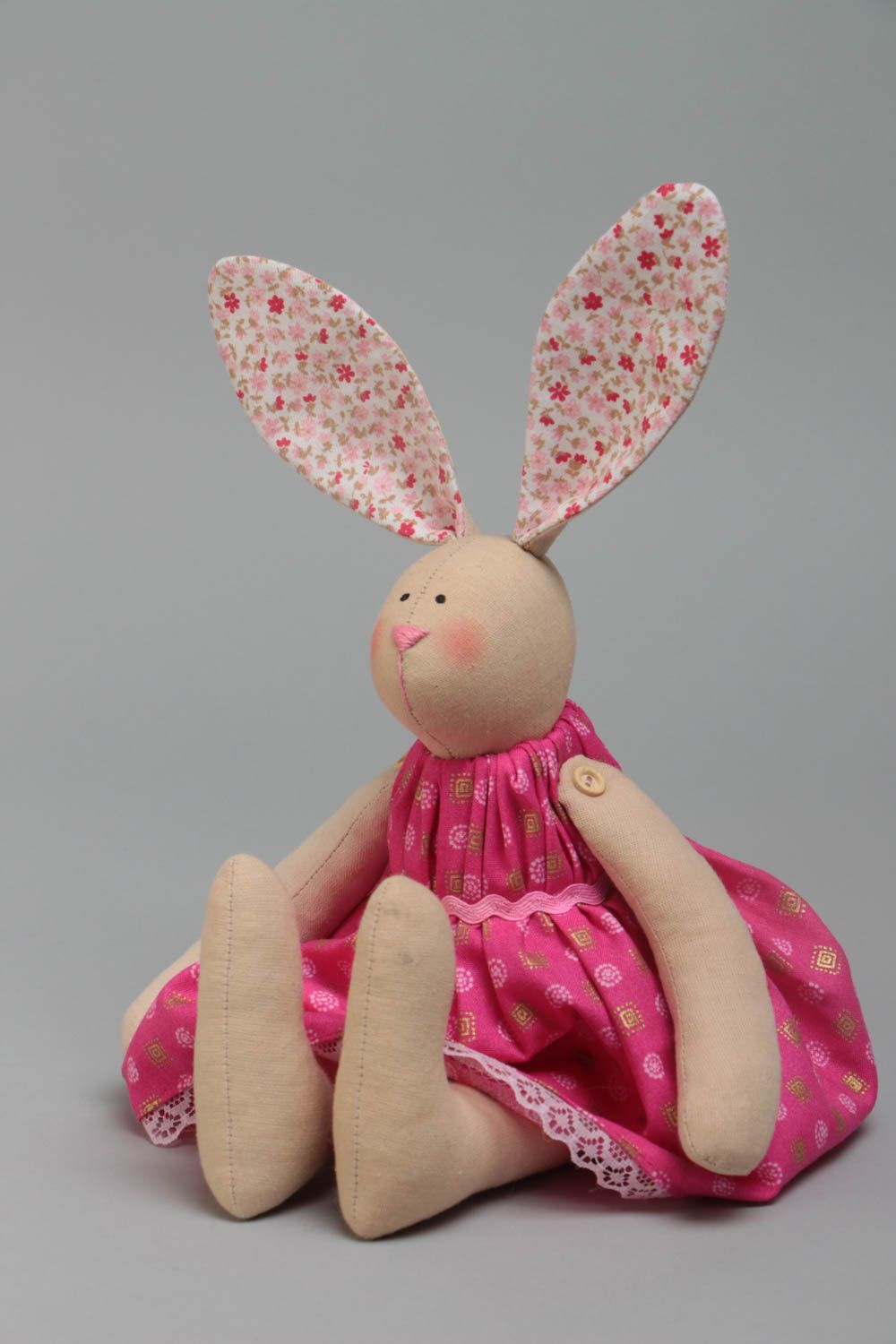 Designer handmade cotton fabric soft toy rabbit girl with long ears in dress photo 2