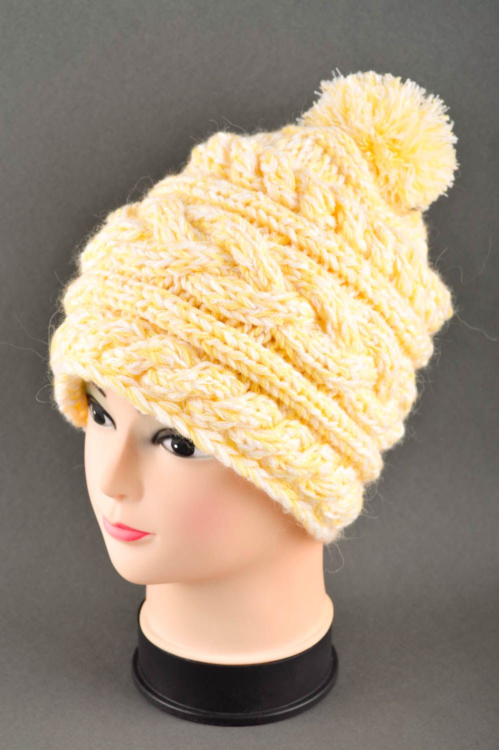 Handmade knitted cap beautiful bright hat warm winter headwear cute cap photo 1