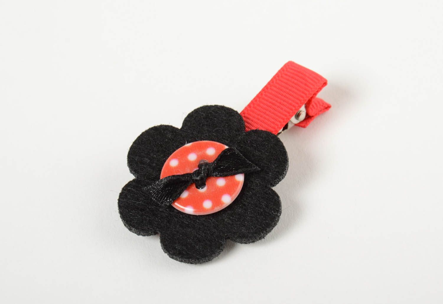Red and black hair clip in the shape of flower handmade barrette for girls photo 2