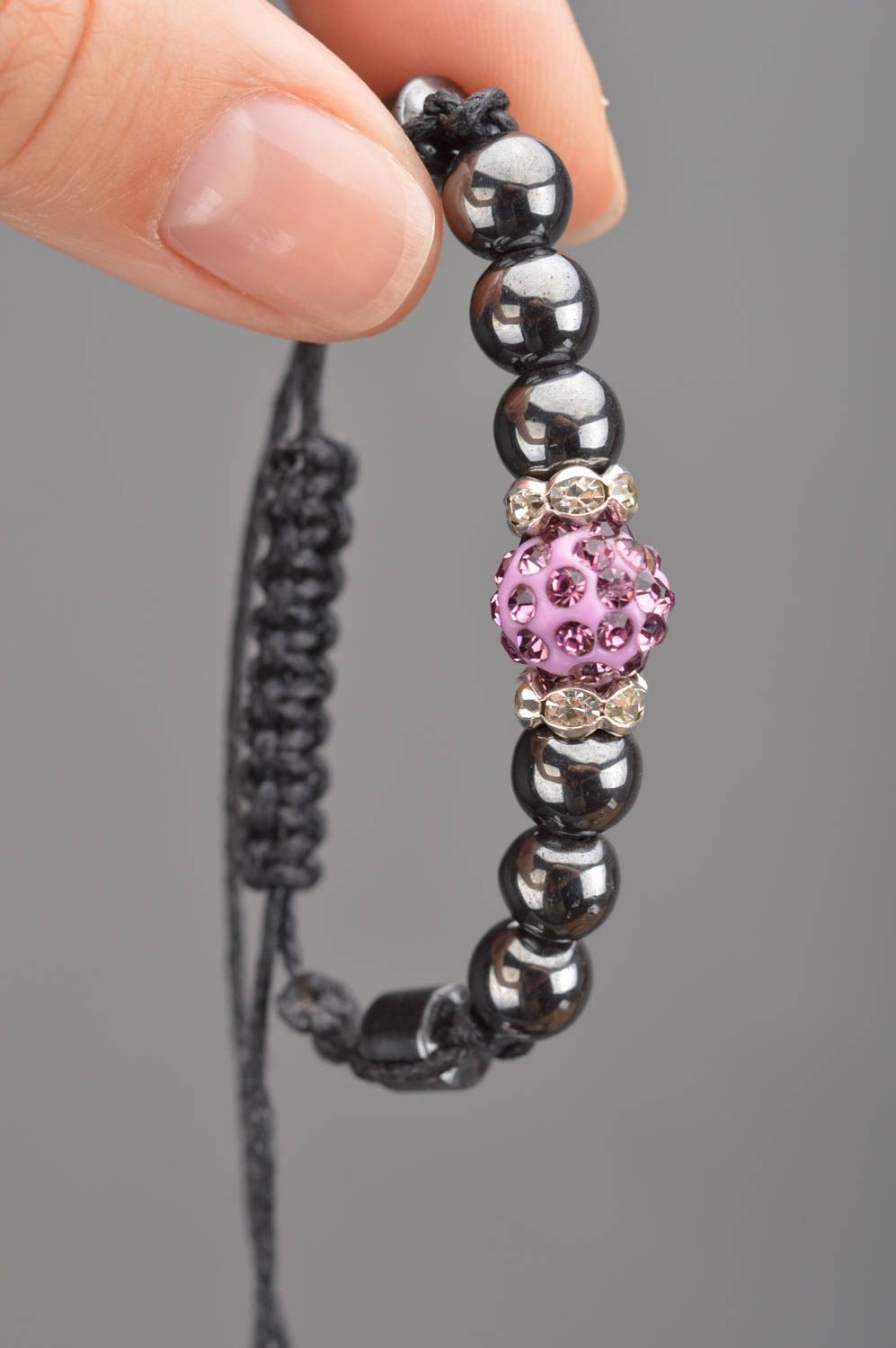 Beautiful delicate handmade stylish woven bracelet made of hematite and lace photo 3