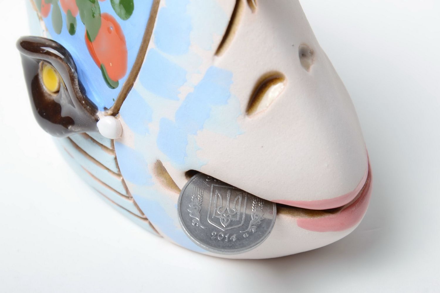 Unusual beautiful semi porcelain money box hand made painted funny Fish photo 4