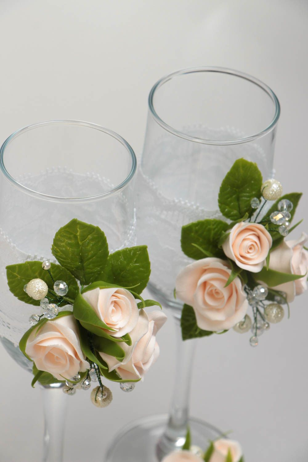 Flutes à champagne pour mariage 2 pièces en verre décorées de fleurs faites main photo 3