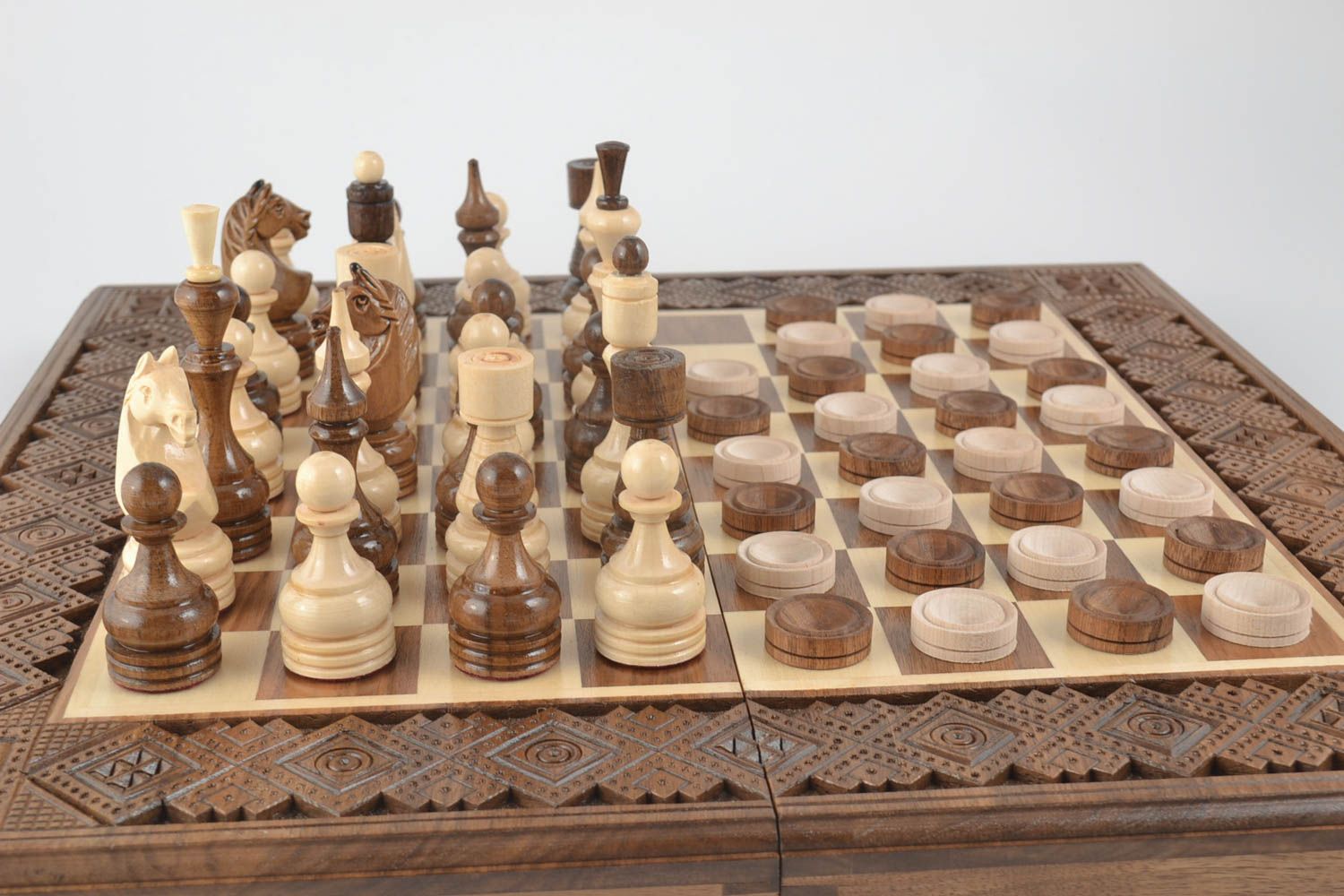 Handmade wooden table game chess and checkers beautiful carved chess board photo 2