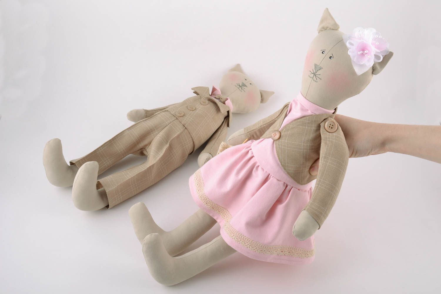 Set of 2 designer handmade linen fabric tender soft toys cat boy and cat girl photo 2