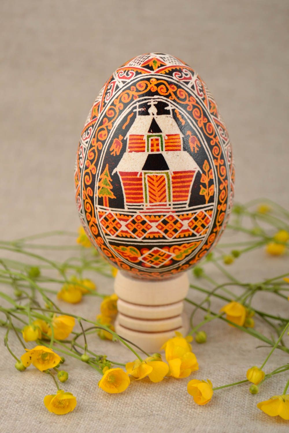 Unusual design handmade painted goose egg for Easter decor with church drawing photo 1
