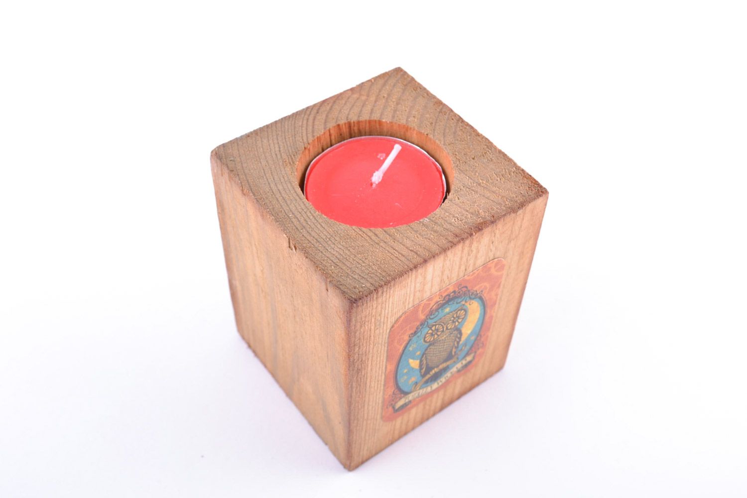 Handmade wooden candlestick for tablet candle with picture of owl photo 4