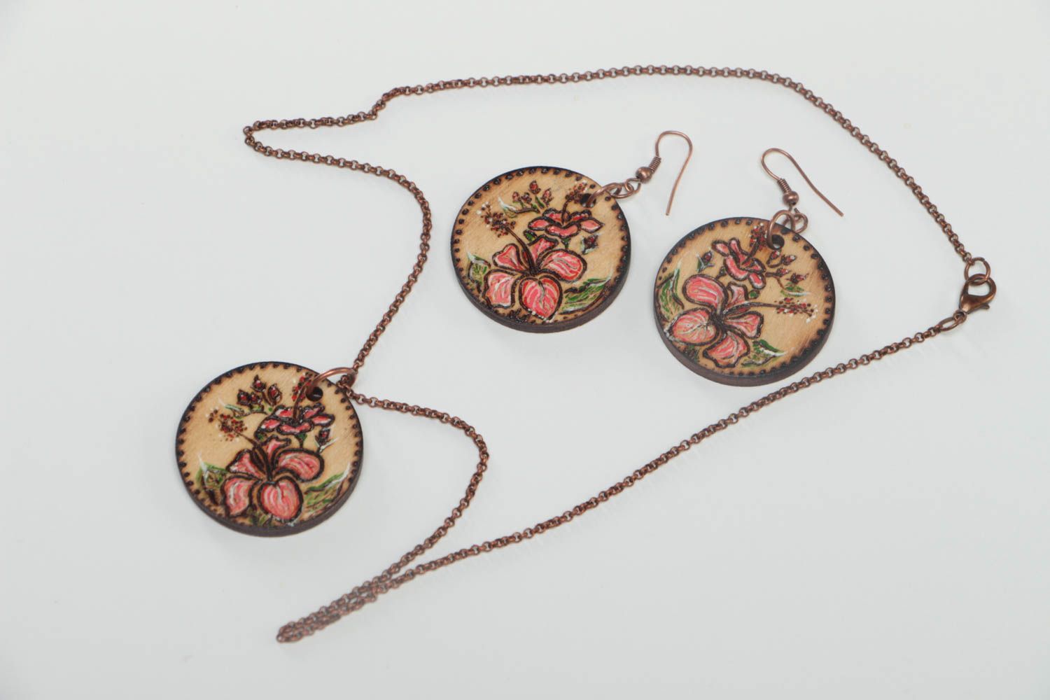 Handmade Schmuck Set modisch Damen Ohrringe Ketten Anhänger aus Holz Lilien foto 2