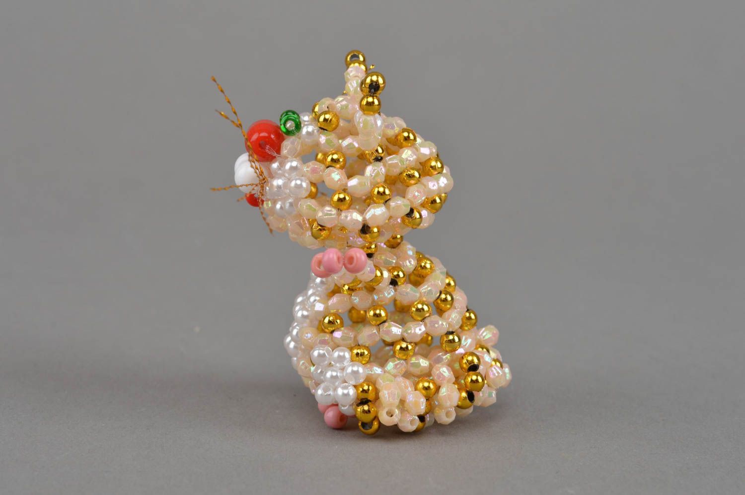 Small designer handmade collectible beaded figurine of cat of gold color photo 3