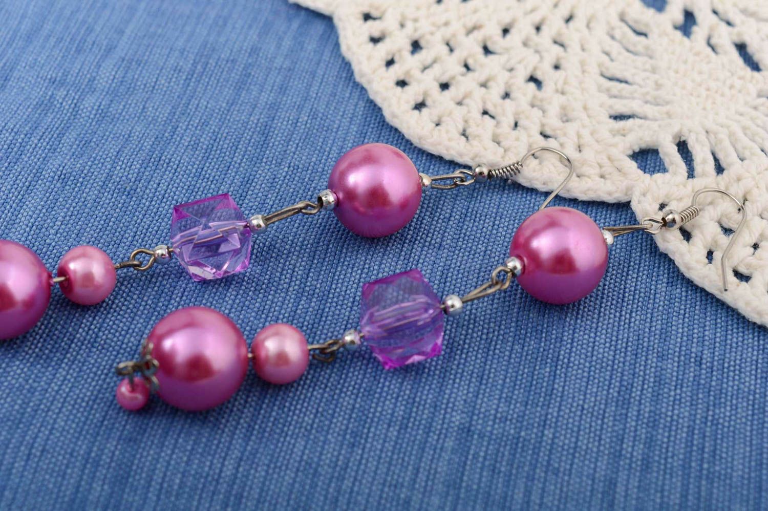 Handmade long dangle earrings with violet ceramic and plastic beads  photo 1