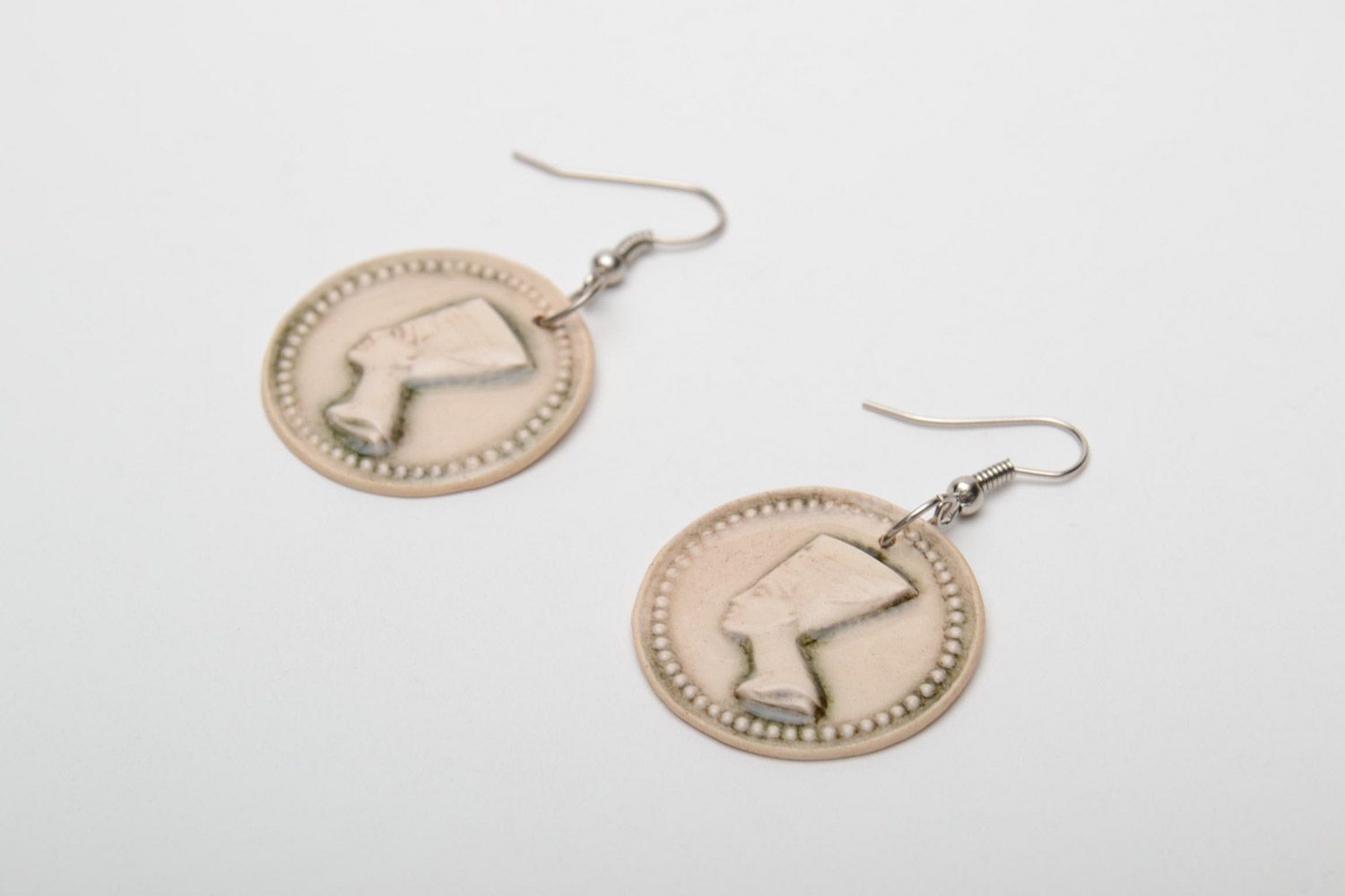 Handmade white clay round earrings in the shape of coins with embossment Nefertiti photo 3