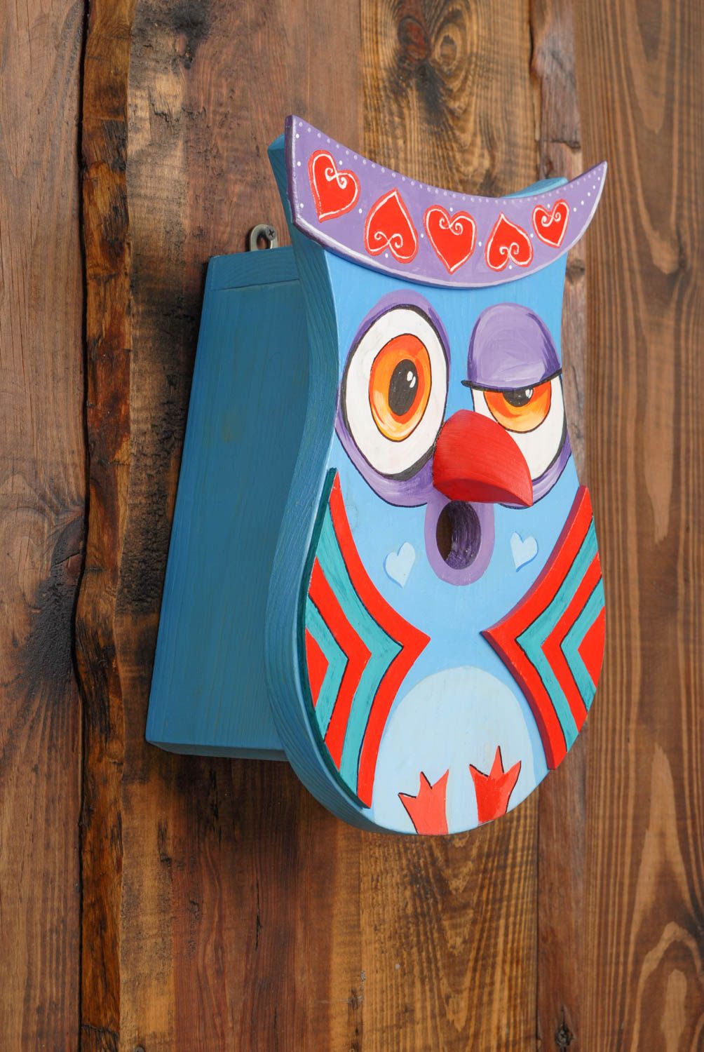 Nichoir en bois peint pour oiseau bleu en forme de hibou fait main décoratif photo 1