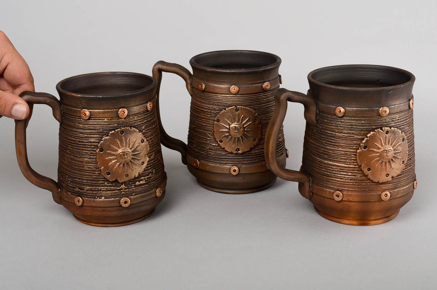 Keramik Geschirr Set handgefertigt Bier Krüge Männer Geschenk 3 Stück in Braun foto 5