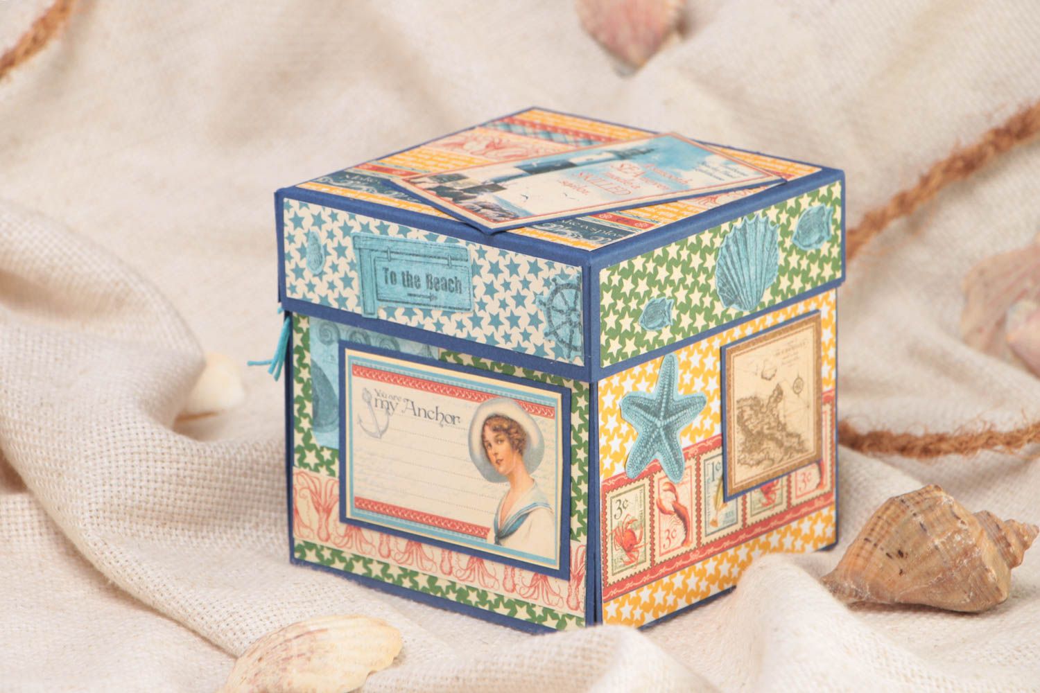 Beautiful handmade decorative carton memoirs box in marine style scrapbooking photo 1