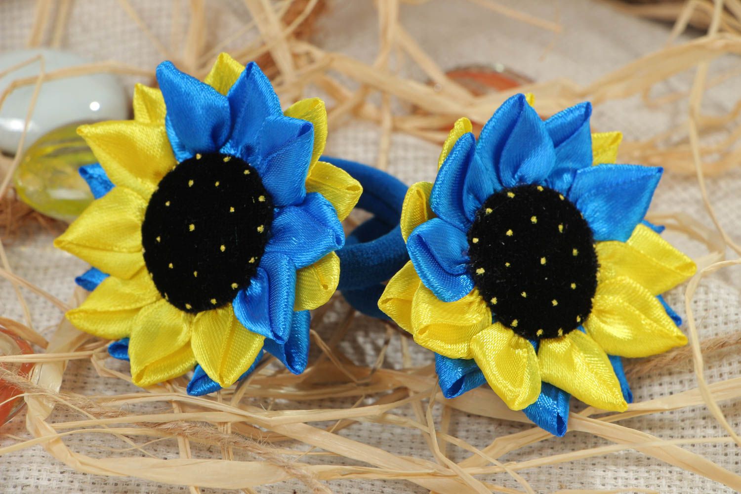 Handmade stylish scrunchies set of 2 pieces hair accessories with satin flowers  photo 1