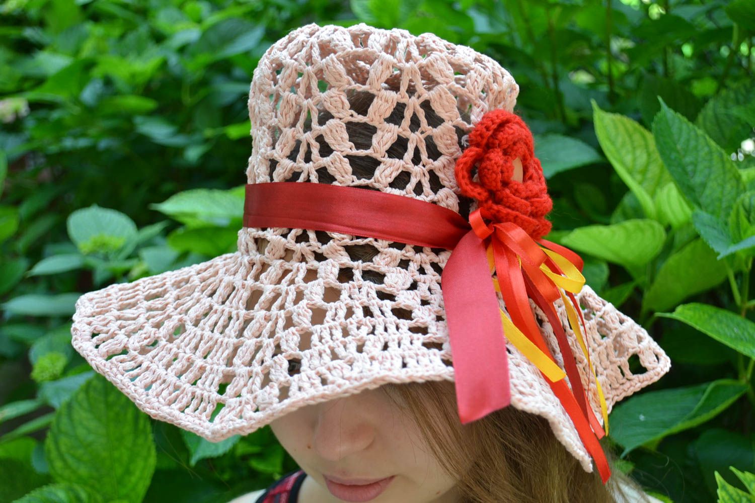 Handmade designer lacy summer hat crocheted of cotton threads with red flower photo 1