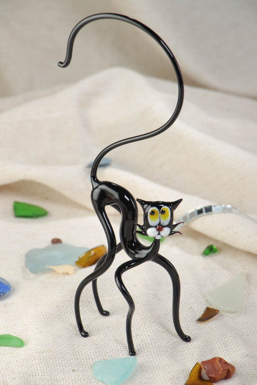 Handmade collectible miniature animal figurine of black cat lampwork glass photo 1