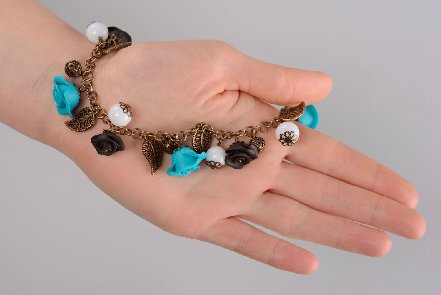 Charm bracelet with brown and turquoise roses and bronze leaves for mom photo 2