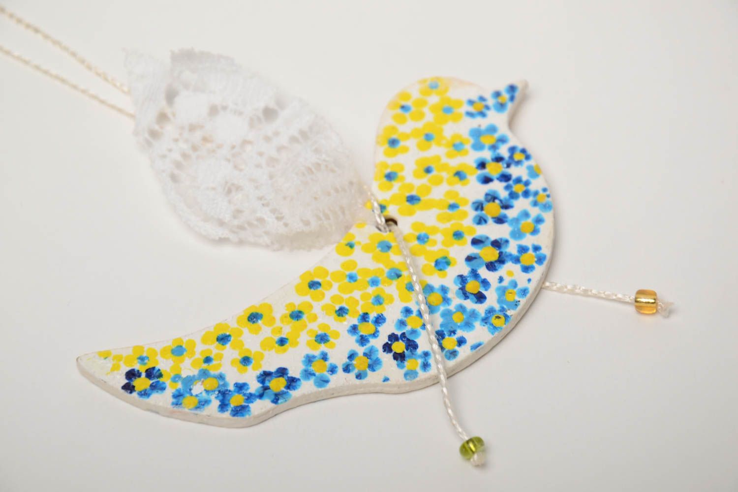 Blau gelber Interieur Anhänger Vogel aus Faserplatte mit Acrylfarben handmade  foto 3
