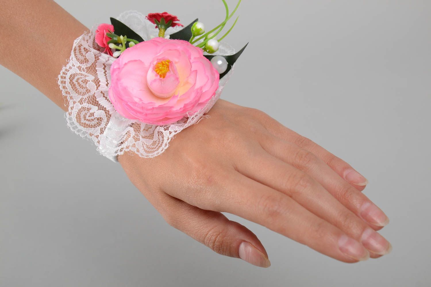 Unusual gentle beautiful handmade wrist boutonniere bracelet for bridesmaid photo 2