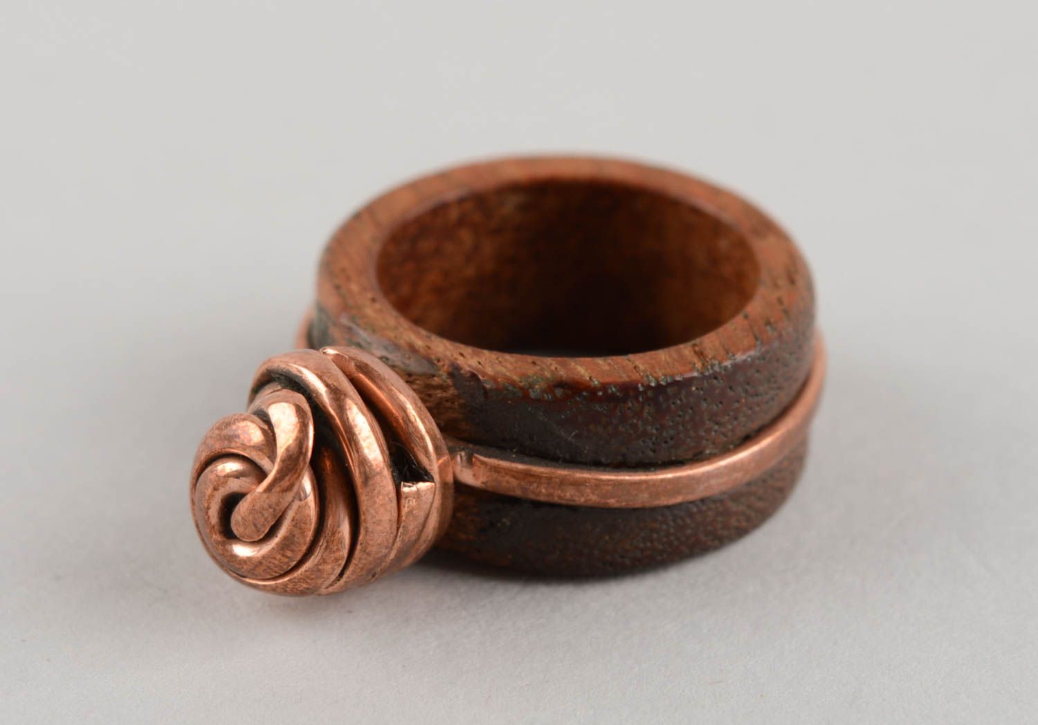 Extravagant cute jewelry handmade ring made of copper and wood for women photo 3
