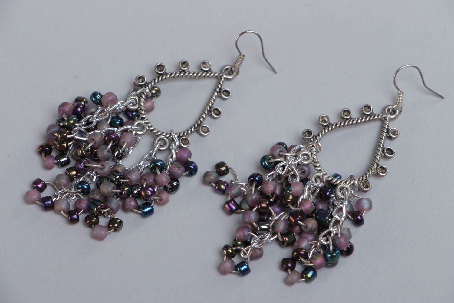 Long metal handmade earrings decorated with small beads photo 2
