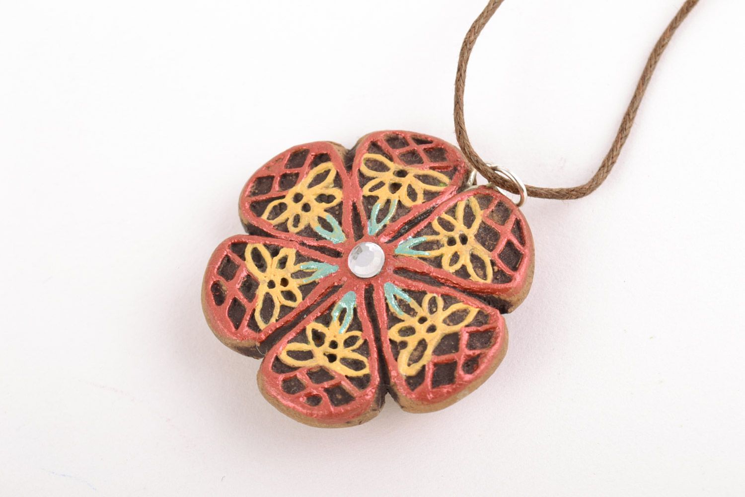 Homemade clay neck pendant in the shape of flower painted with acrylics photo 5