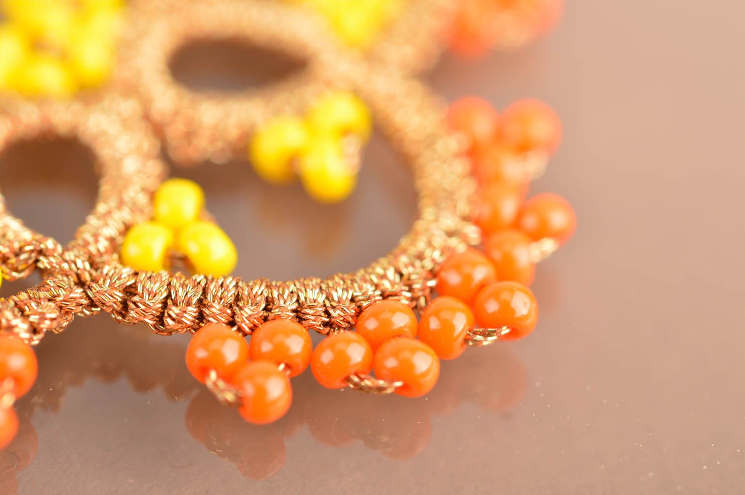 Beautiful yellow and orange handmade designer woven lace earrings tatting photo 4