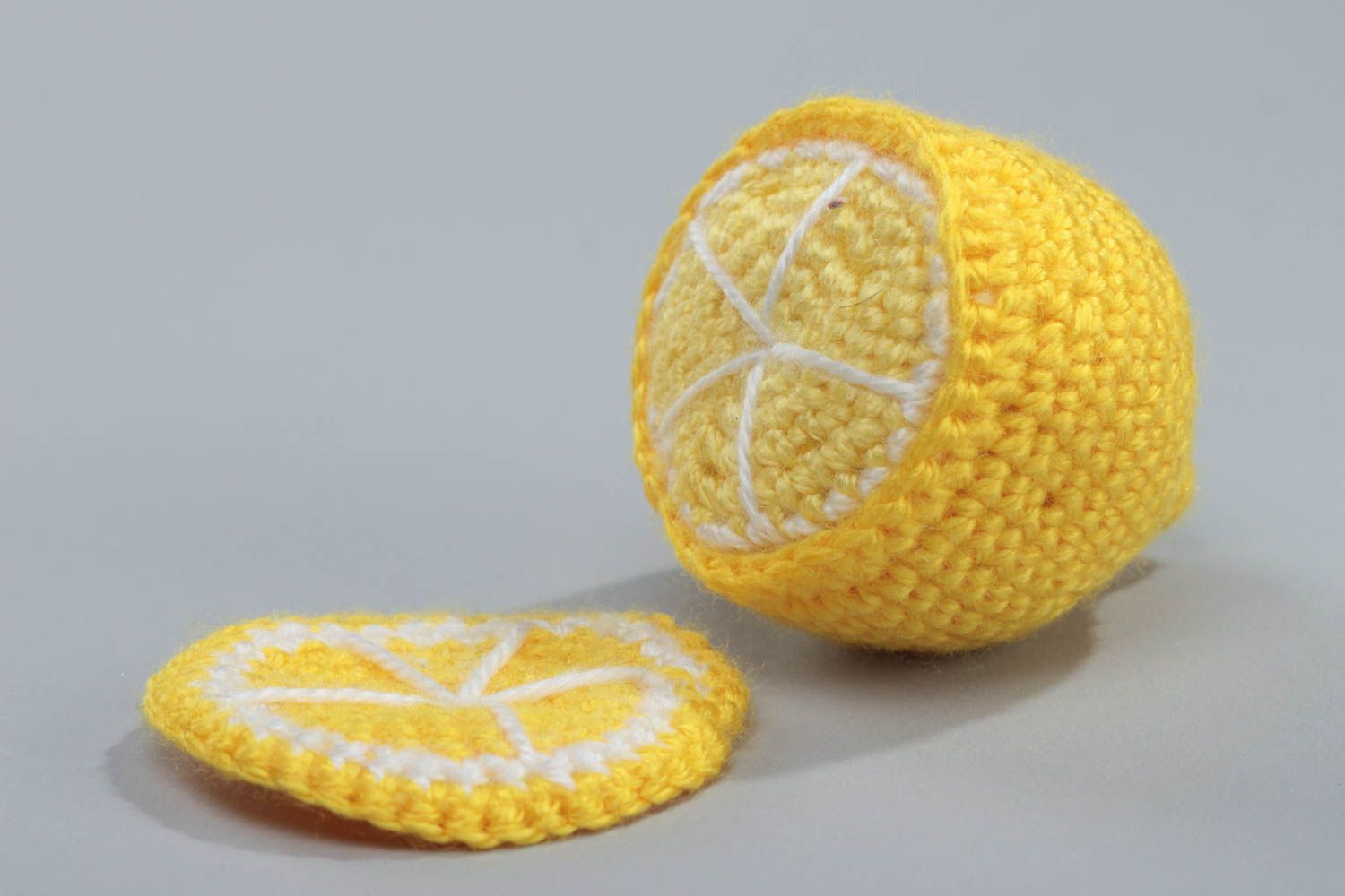 Handmade soft toy lemon crocheted of acrylic threads for kids and interior decor photo 3
