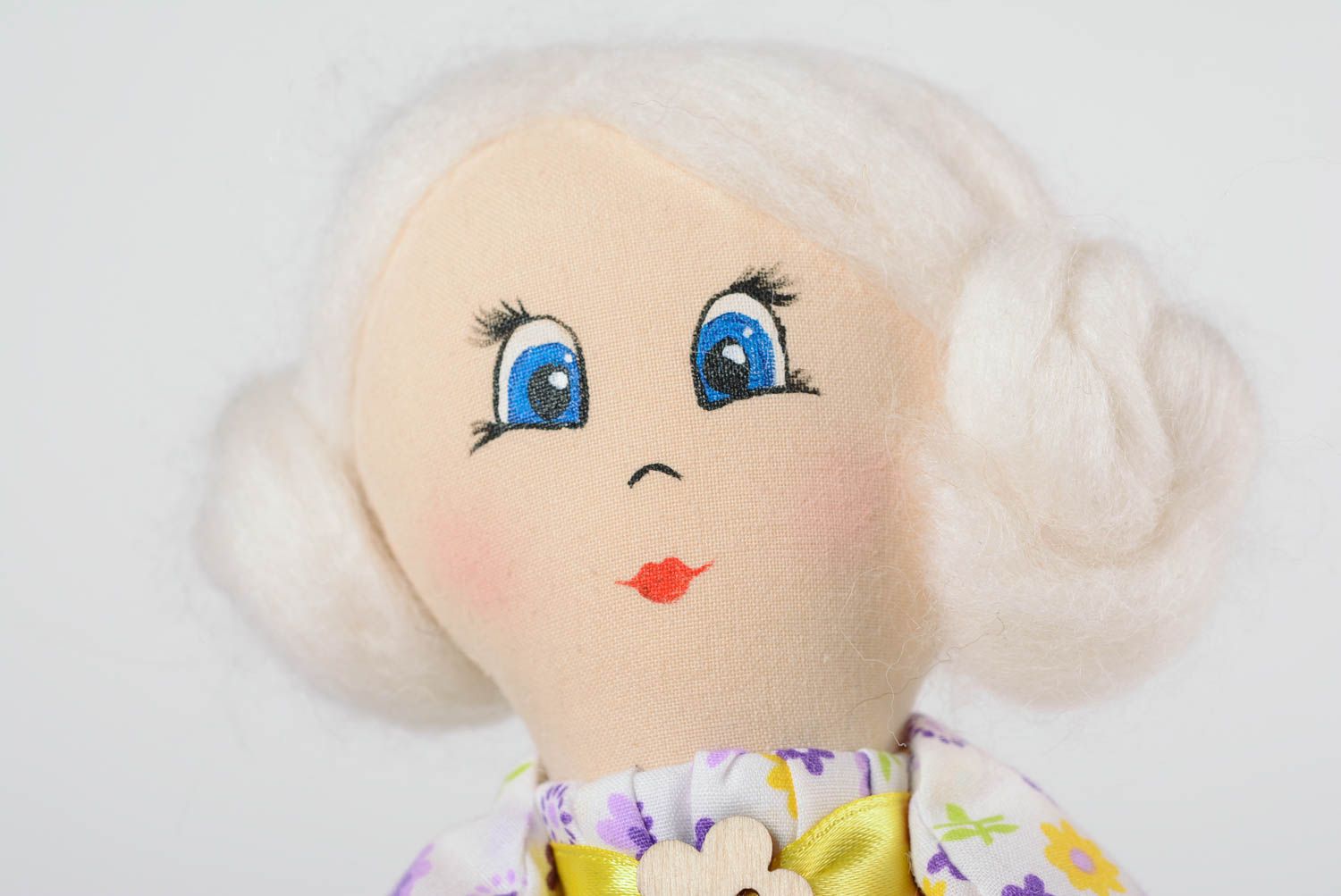 Handmade cotton soft doll with white hair in floral dress painted with acrylics photo 2