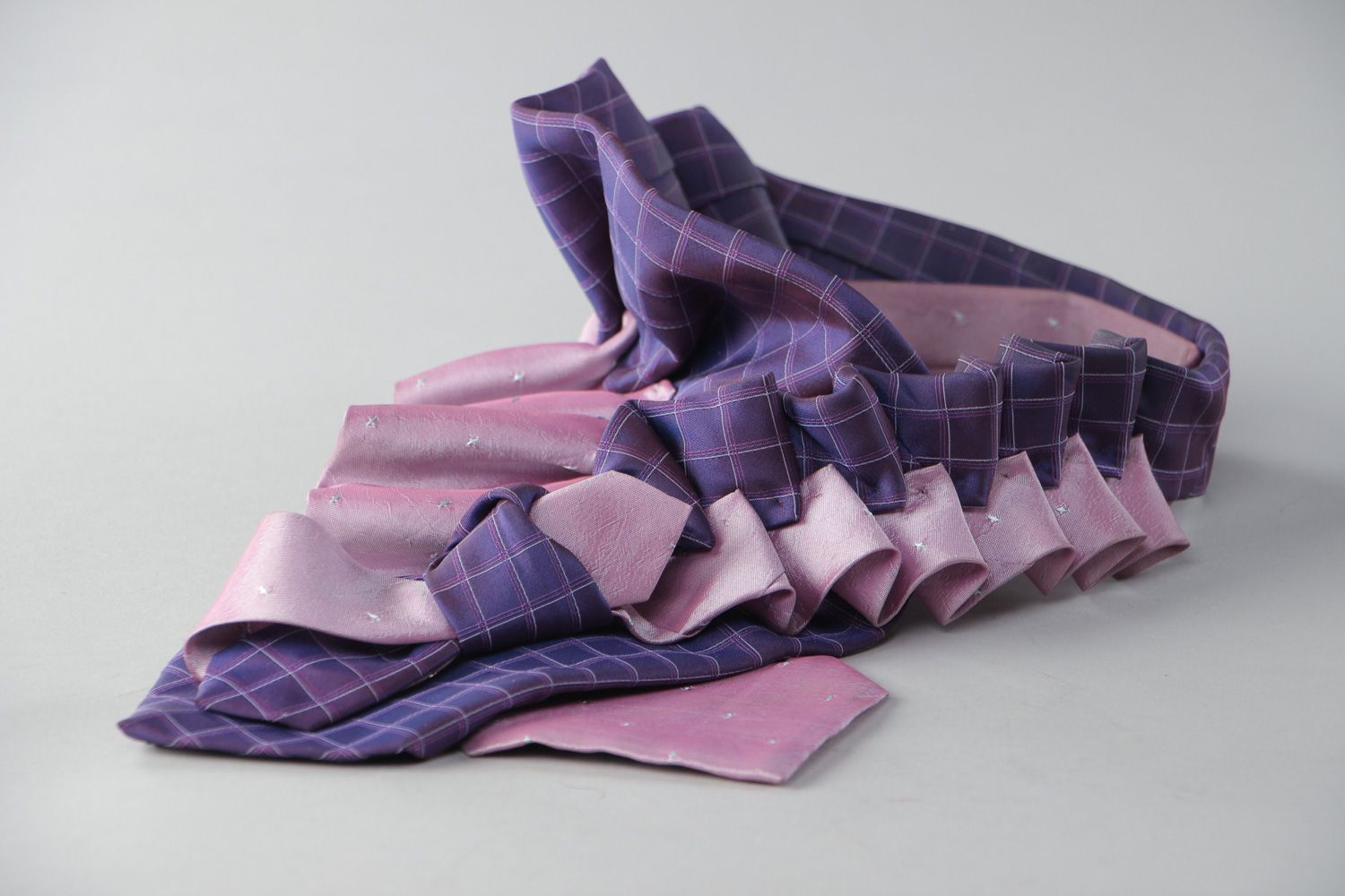 Handmade necklace sewn of men's silk and satin neck ties in violet color palette photo 3