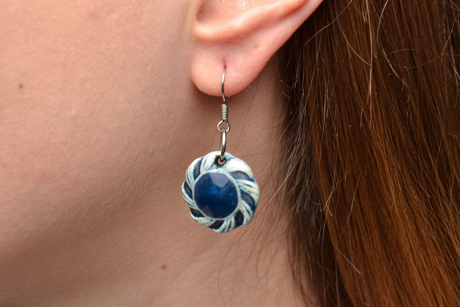 Handmade blue round clay earrings painted with color enamels photo 4