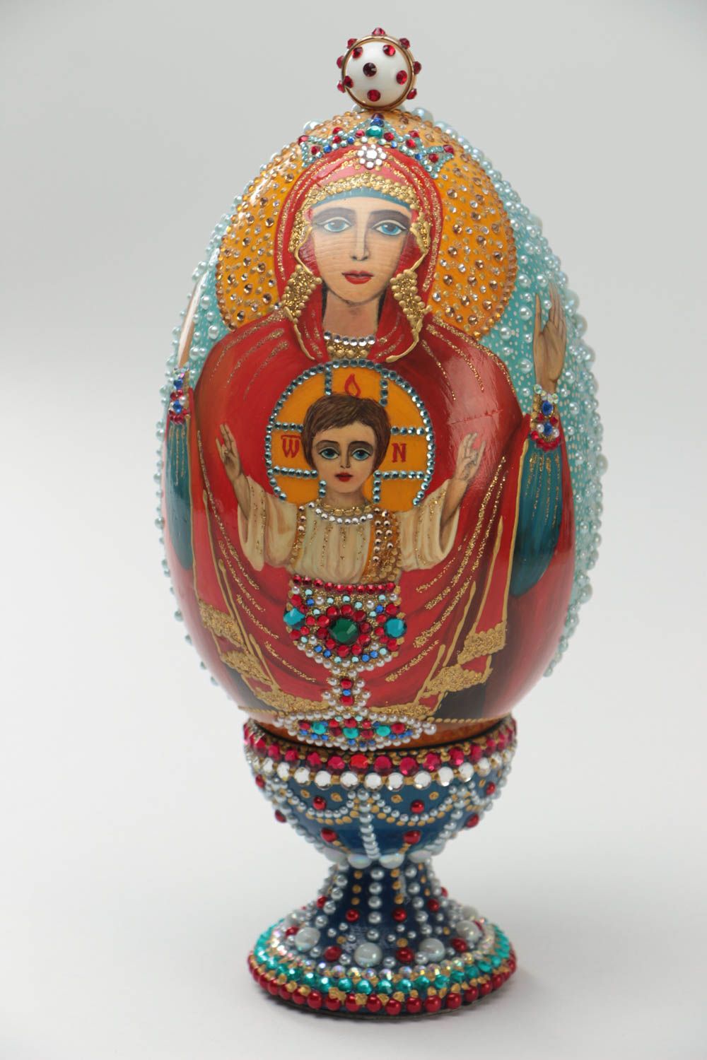 Handmade beaded wooden egg with icon Inexhaustible Cup painted with  acrylics  photo 2