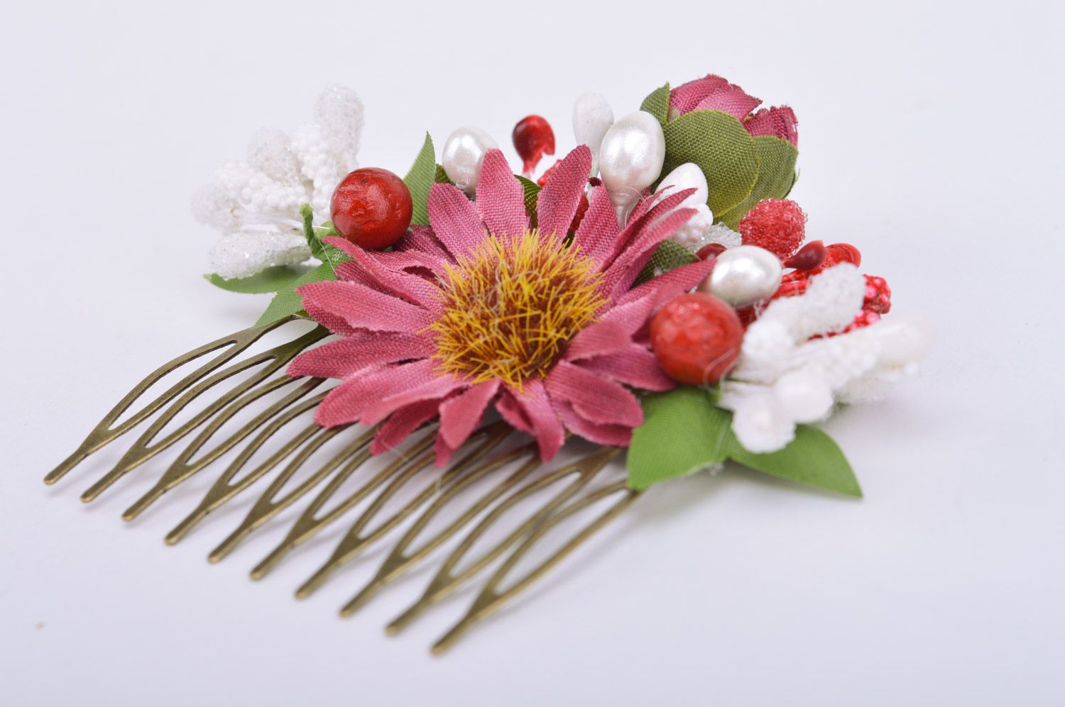 Handmade decorative metal hair comb with beautiful pink floral composition photo 2