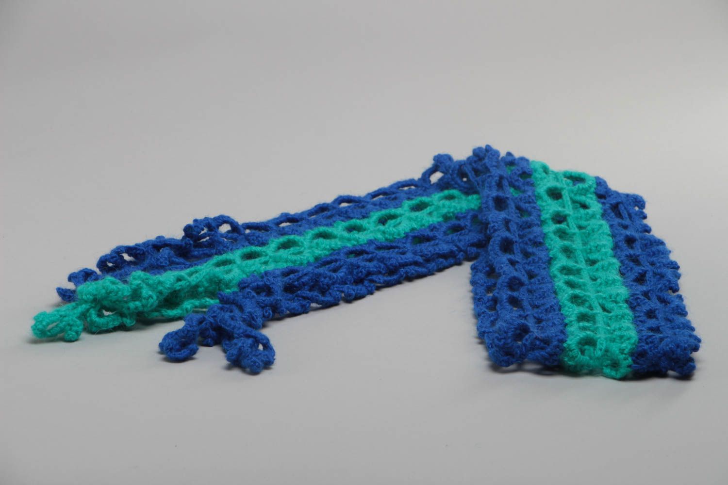 Beautiful stylish handmade long crochet scarf of blue and turquoise colors photo 3