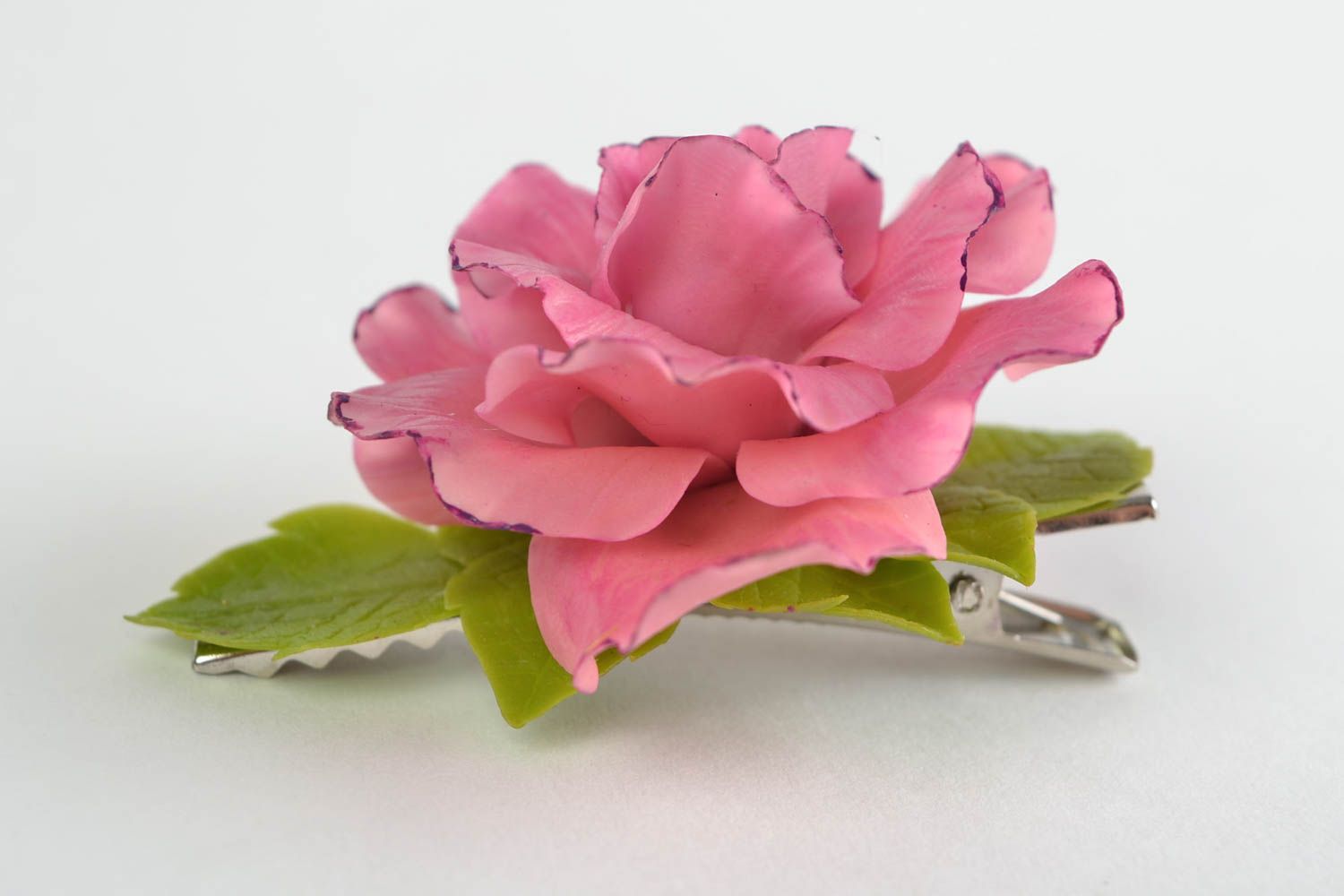 Belle pince à cheveux en porcelaine froide handmade avec fleur rose accessoire photo 4