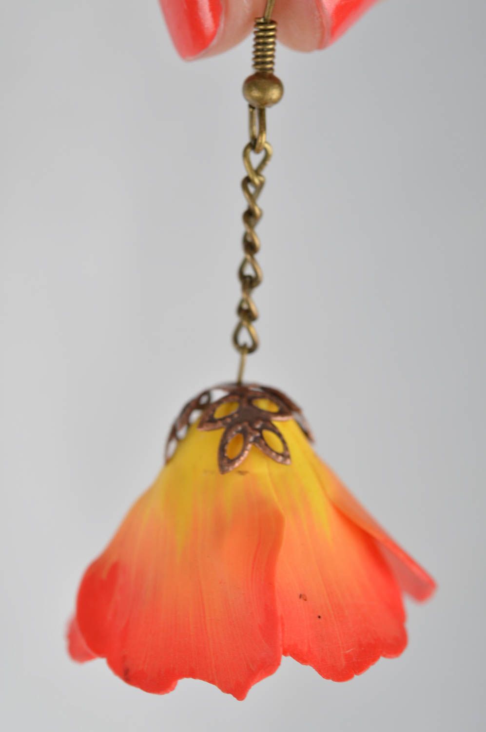 Polymer clay handmade designer long earrings with orange flowers summer jewelry photo 3