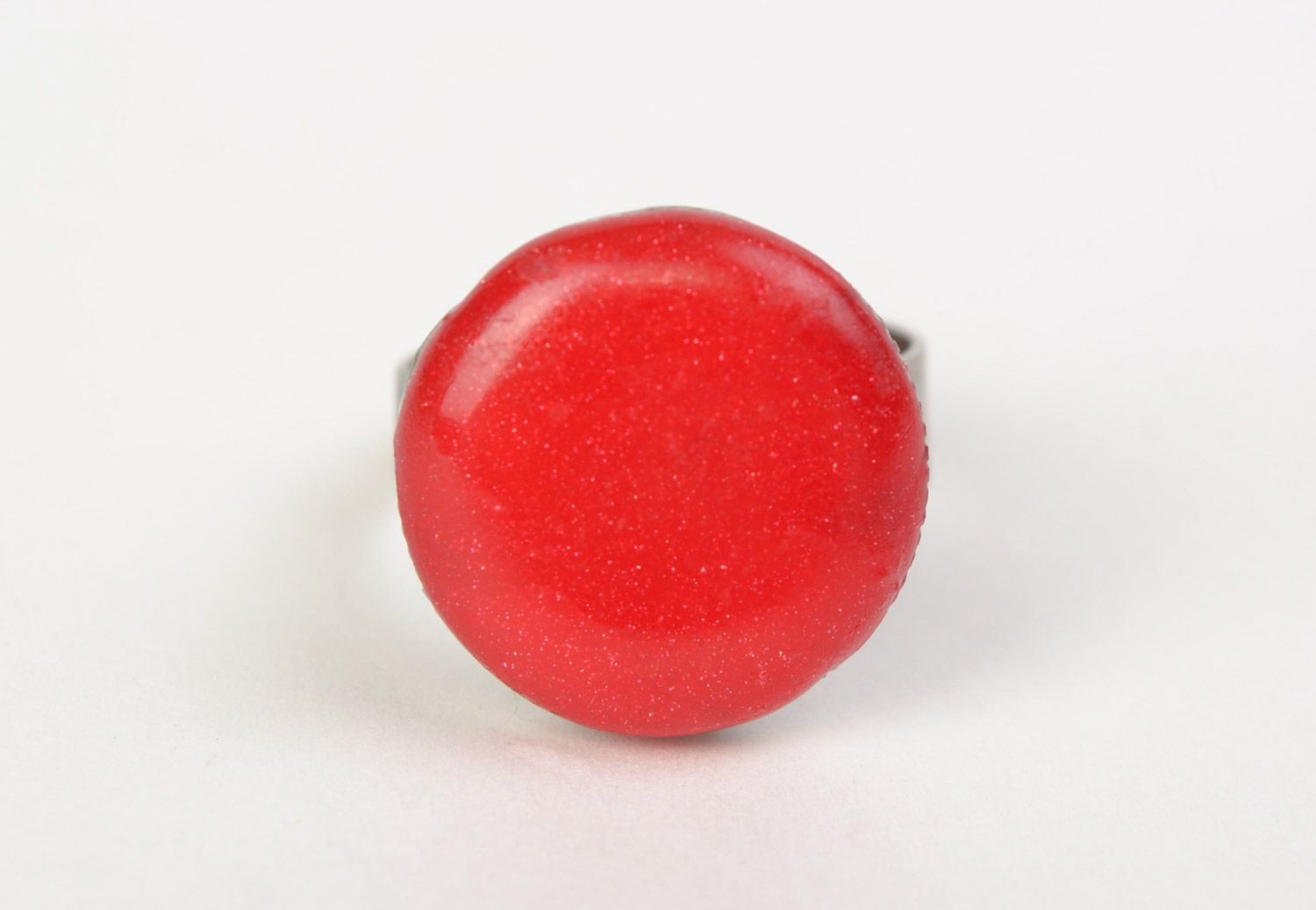 Handmade laconic round red ring with metal basis of adjustable size for women photo 2