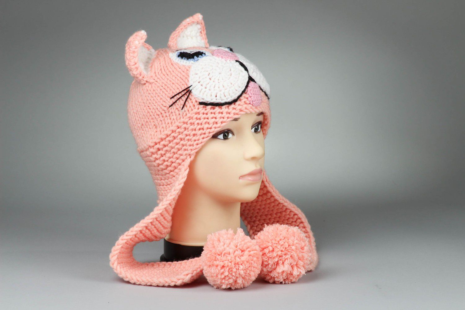 Шапка вязанная Розовый кот фото 2