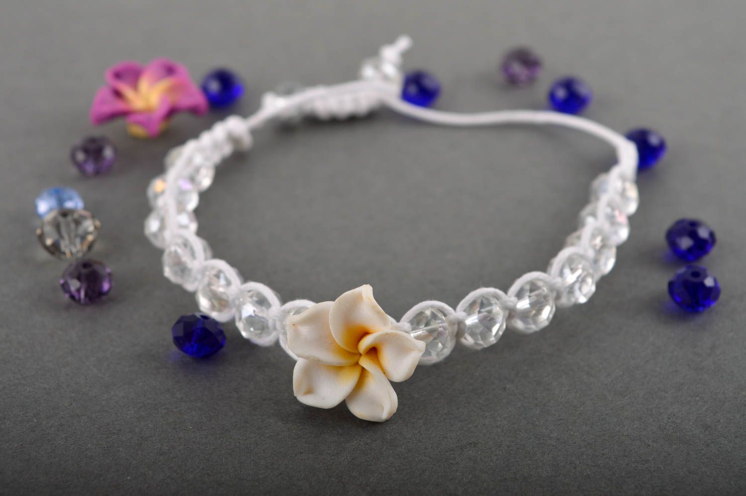 Handmade beautiful bracelet white bracelet with flower unusual light jewelry photo 1
