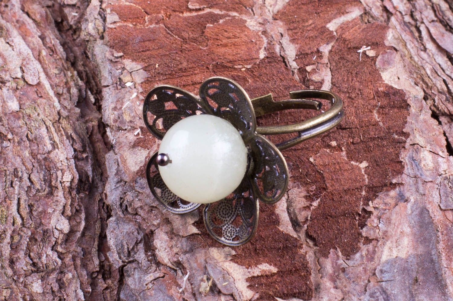Designer stylish beautiful unusual white handmade metal ring with onyx photo 1
