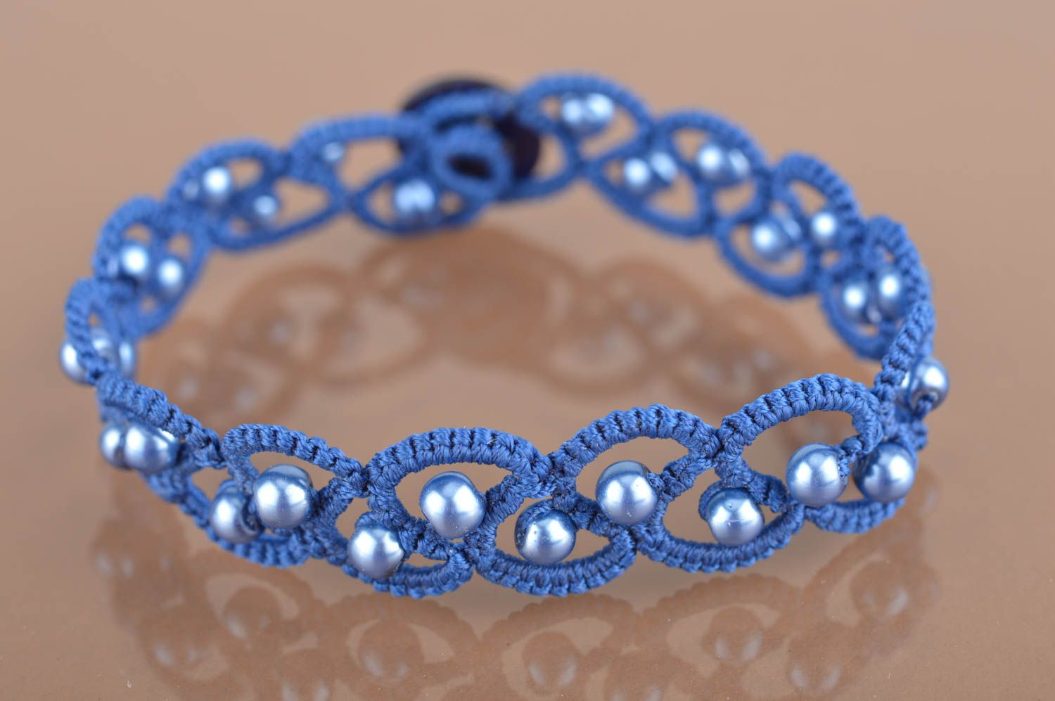 Handmade thin woven tatting bracelet with beads of blue color  photo 2