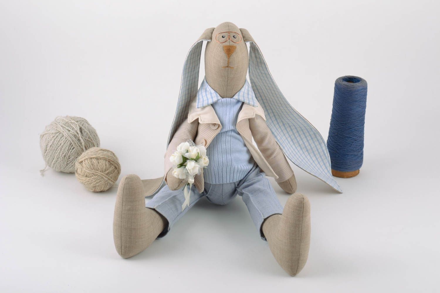 Handmade linen fabric soft toy rabbit gentleman in suit with flower bouquet photo 1