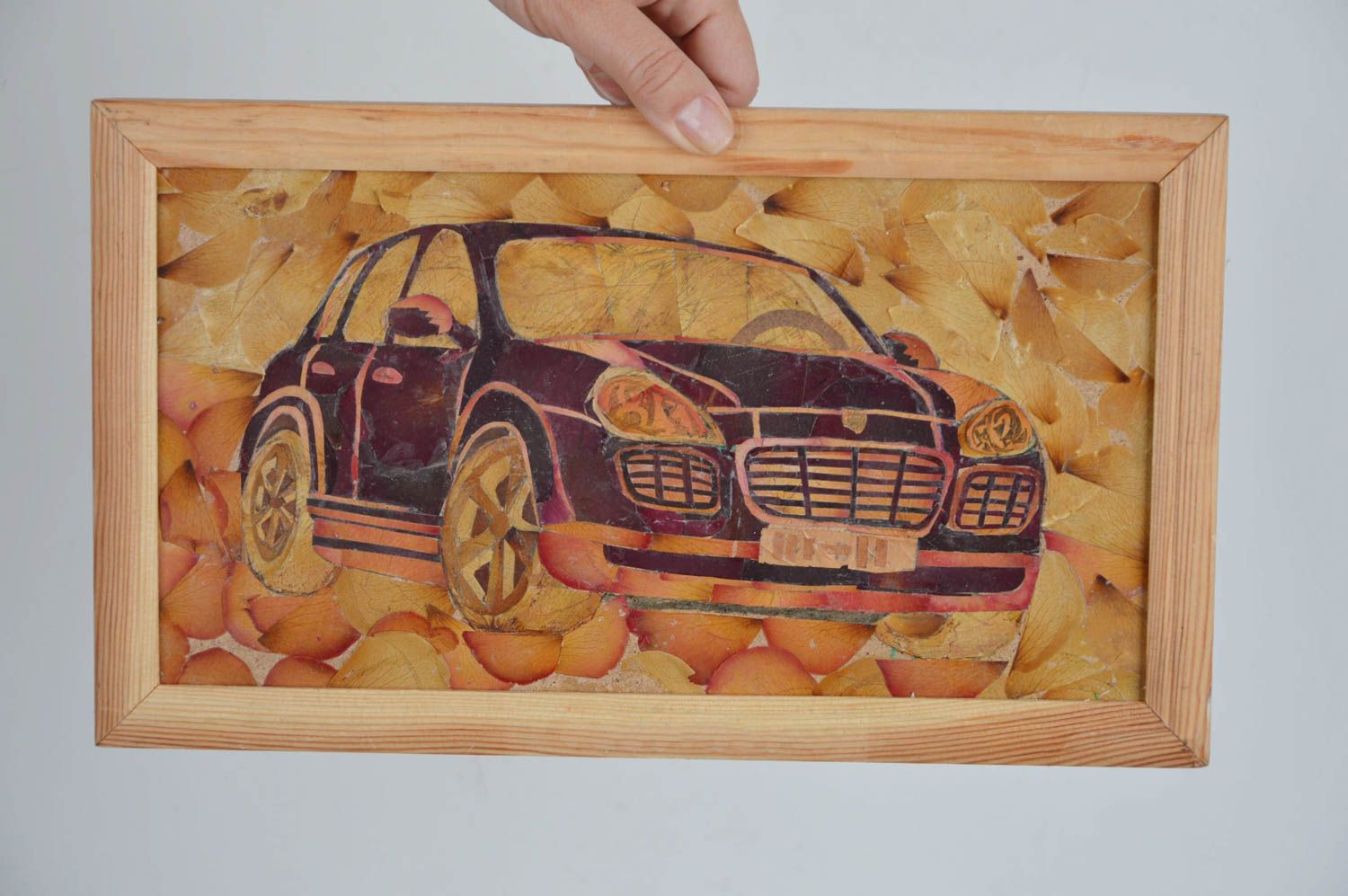 Handmade wall picture with dried flowers and leaves on fabric in frame Car photo 3