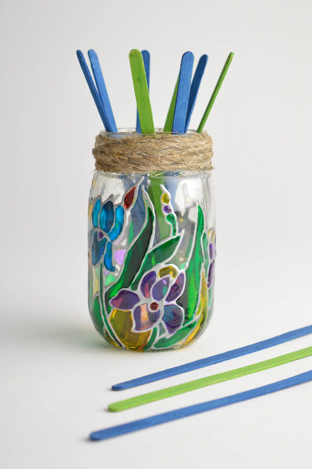 Bocal verre peint fait main Vaisselle design motif floral Déco maison originale photo 1