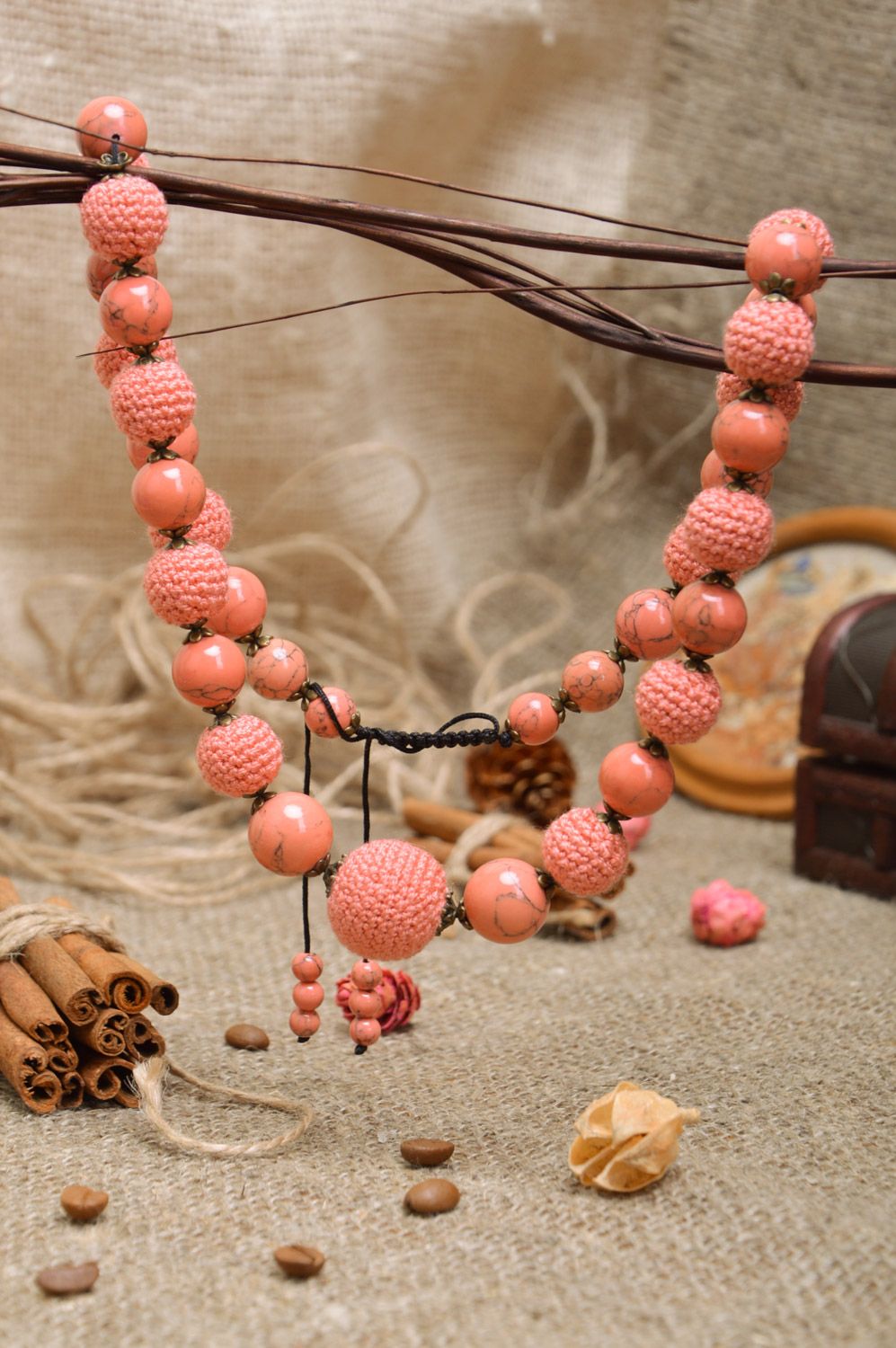 Unusual handmade long necklace woven of beads and threads of pink color for girls photo 3