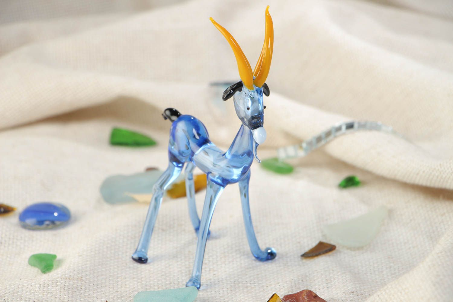 Beautiful handmade lampwork glass figurine of blue and yellow colors Goat photo 1