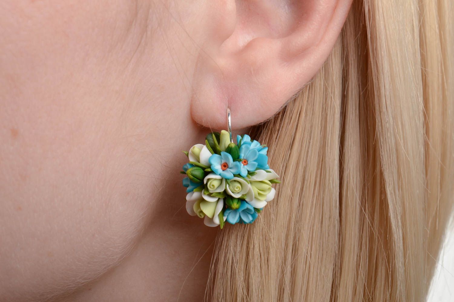 Handmade tender earrings with tiny blue and green polymer clay flowers photo 1
