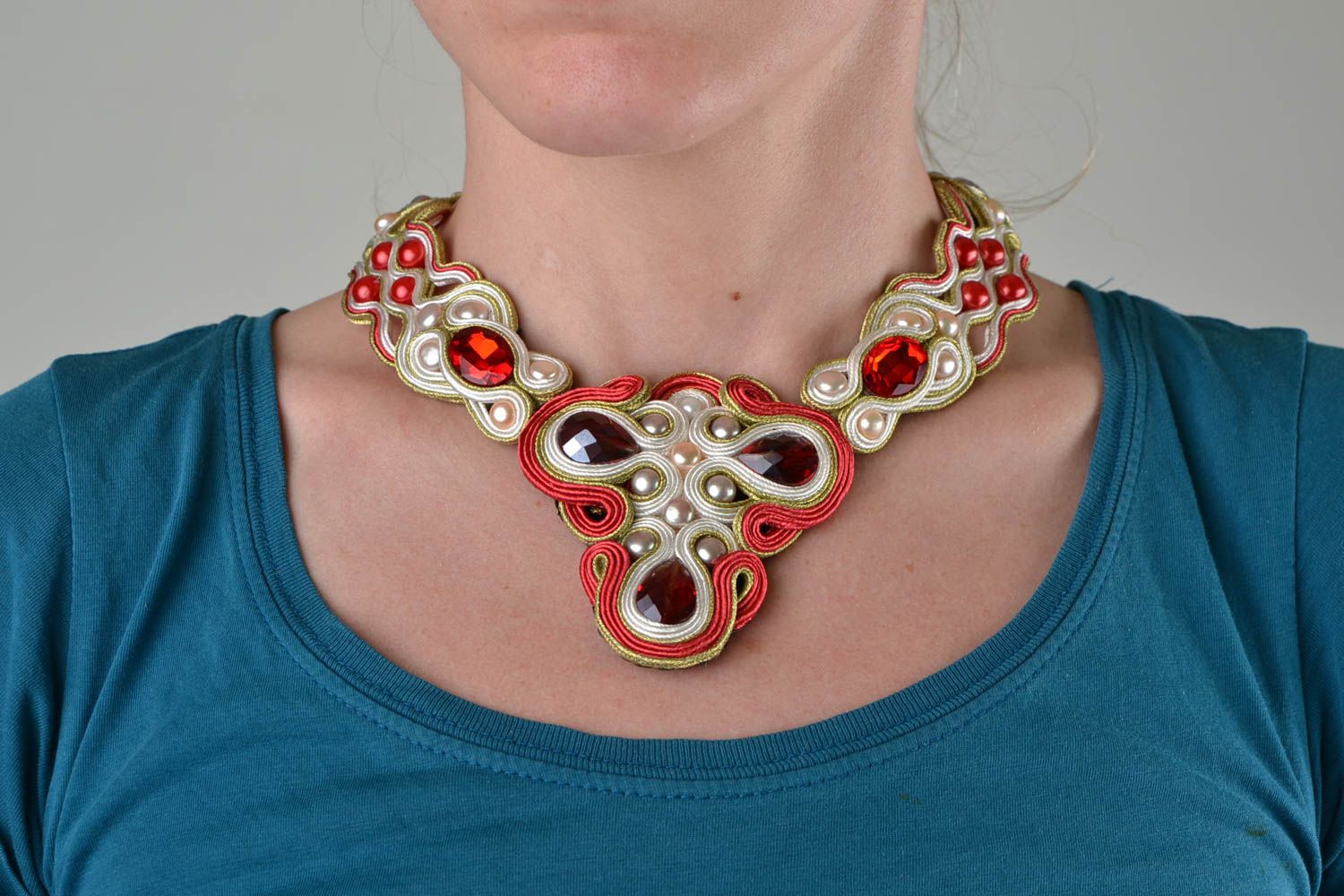 Handmade soutache necklace with fresh water pearls and rivoli beads Passion photo 1